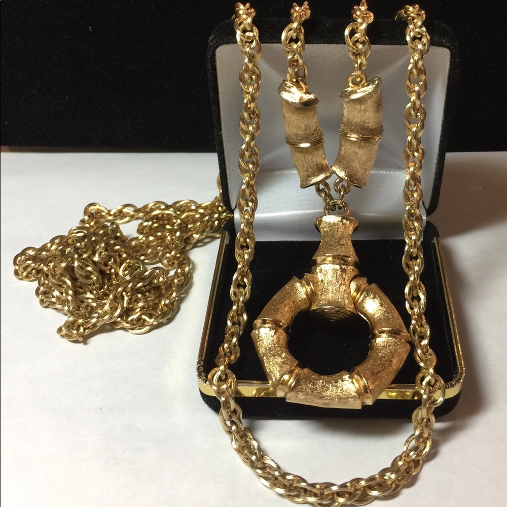 Vintage Gold Tone Bamboo Design Tiered Necklace